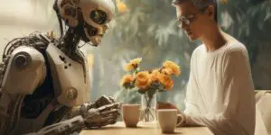Person having coffee with a robot, flowers on the table.