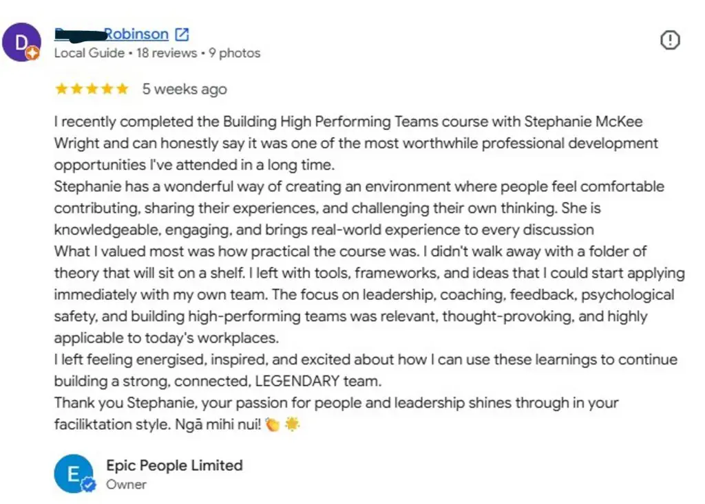 Testimonial - high performing teams workshop